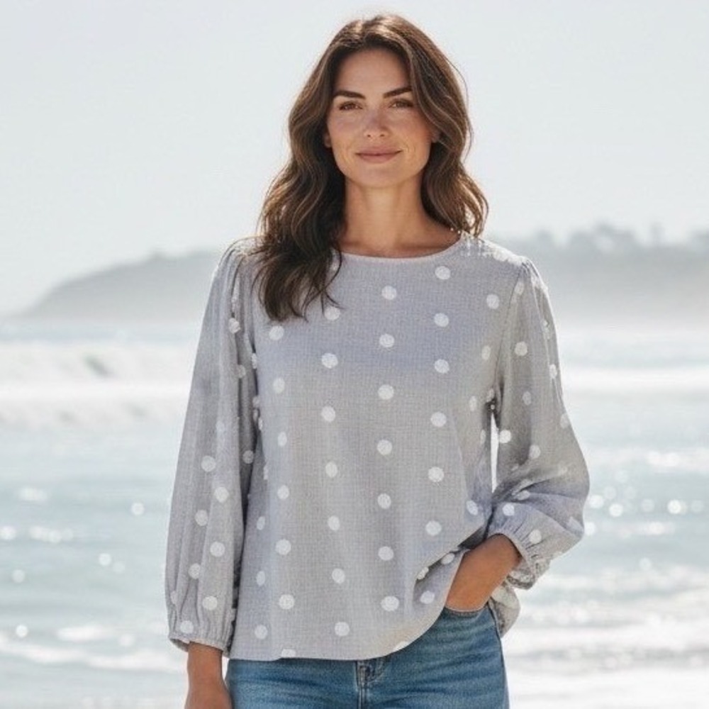 ✨Zara Blouse Gray White Polka Dot Pom Pom Puff 3/4 Sleeve Textured Top Small #